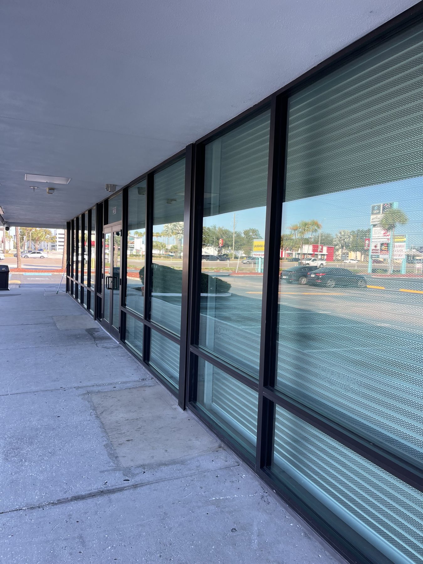 Row of clean storefront windows at a Tampa retail plaza